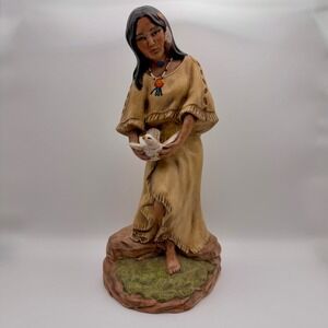 Native Woman Holding Dove Ceramic Figurine Signed Southwest Boho Rustic Decor
